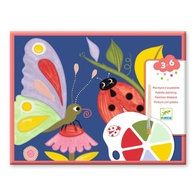 Caixa colorida com desenho de borboleta, joaninha e paleta de pintura para crianças 3-6 anos