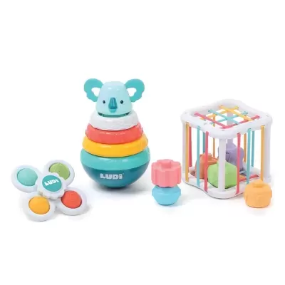 Conjunto de brinquedos infantis coloridos com empilhador, spinner, formas e gaiola elástica