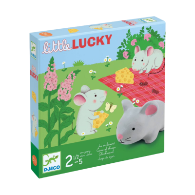Caixa de jogo infantil 'little LUCKY' com ratos e queijo em picnic numa paisagem verde