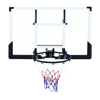 Tabela de basquetebol com placa branca, aro preto e rede tricolor