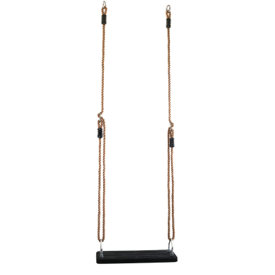 Baloiço com assento preto e cordas torcidas castanhas