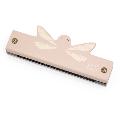 Harmónica bege claro com desenho de libélula e texto label label