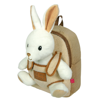 Mochila de pelúcia bege com coelho branco em destaque e texto Be my friend