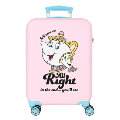 Mala de viagem cor-de-rosa com rodas azuis e desenho animado com texto.