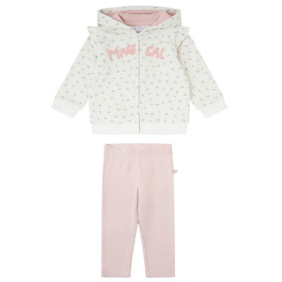 Conjunto infantil de casaco com capuz branco com flores coloridas e calças rosa claro
