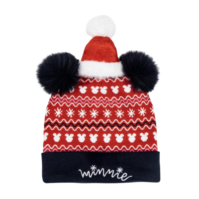 Gorro vermelho de malha com pompons pretos e bordado 'minnie' na barra azul escura