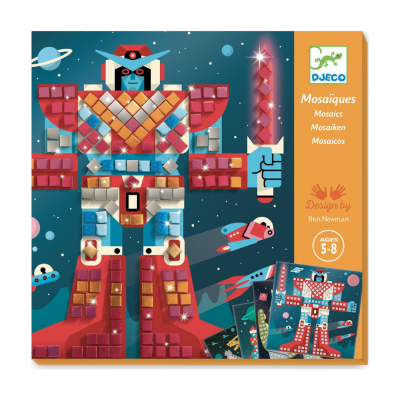 Jogo de mosaicos infantil com imagem de um robô colorido em fundo azul e informação da faixa etária na embalagem