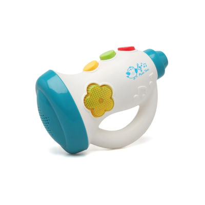 Brinquedo infantil de plástico branco e azul com botões coloridos e detalhes musicais