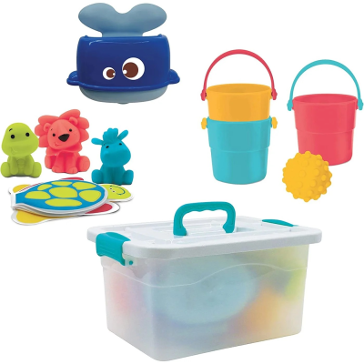 Conjunto de brinquedos de praia coloridos para crianças, incluindo baldes, bolas, figuras de animais e caixa de armazenamento