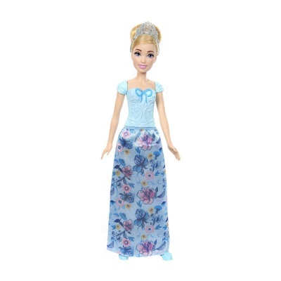 Boneca princesa com vestido azul e tiara prateada em fundo branco