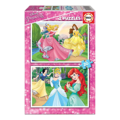 Caixa de puzzle Disney Princesas com duas imagens de puzzles com 20 peças cada.
