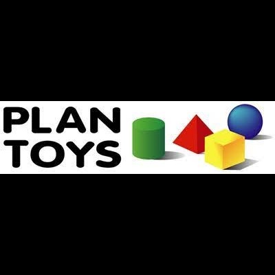 Logo PLAN TOYS com letras pretas e formas geométricas coloridas