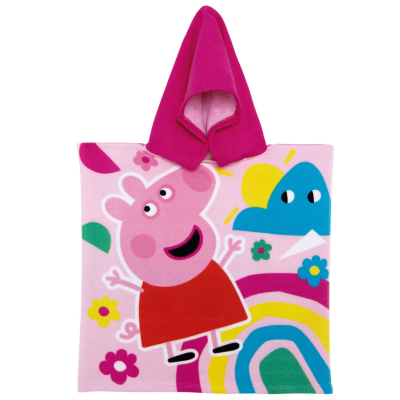 Poncho de criança rosa com capuz e ilustração da personagem Peppa Pig e elementos de arco-íris, flores e nuvem.