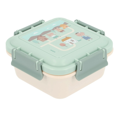 Caixa de lanche quadrada com tampa verde clara e ilustração de animais.