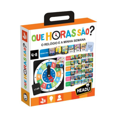 Caixa de produto educativo QUE HORAS SÃO? O RELÓGIO E A MINHA SEMANA com relógio colorido e cartas ilustradas