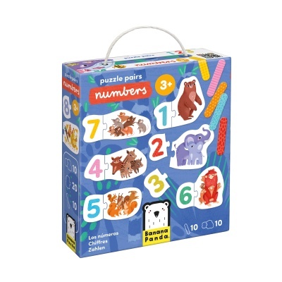 Caixa de puzzle didático infantil azul com números e desenhos de animais