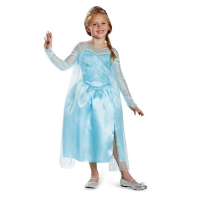 Vestido azul claro de princesa para criança com mangas compridas transparentes e sapatos brilhantes.