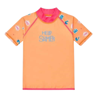 Camisola criança manga curta laranja com padrão e texto Hello Summer
