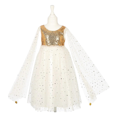 Vestido infantil branco com tule de estrelas e corpo dourado com lantejoulas