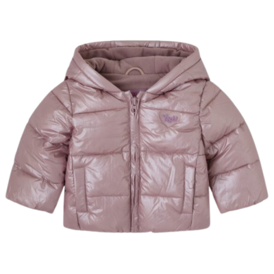 Casaco infantil acolchoado rosa com capuz e bolsos