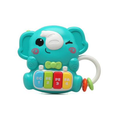 Brinquedo musical em forma de elefante azul com teclas coloridas e argola