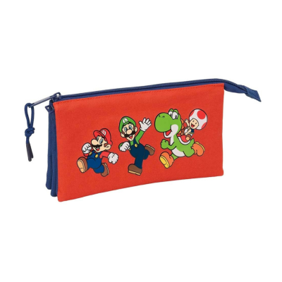 Estojo escolar com personagens Mario, Luigi, Yoshi e Toad em fundo laranja e fecho azul