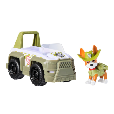 Carro de brinquedo verde e branco com cão de brinquedo laranja e branco com chapéu verde.