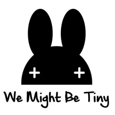 Logótipo preto e branco de coelho com olhos em cruz e texto We Might Be Tiny