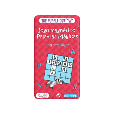 Embalagem vermelha do jogo magnético Palavras Mágicas com ilustração de tabuleiro e zebra