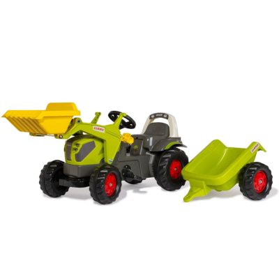 Trator de brinquedo amarelo, verde e cinzento com rodas vermelhas e reboque verde