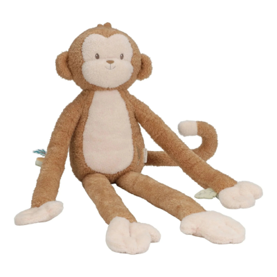 Pelúcia macaco castanho e bege com braços, pernas e cauda longos