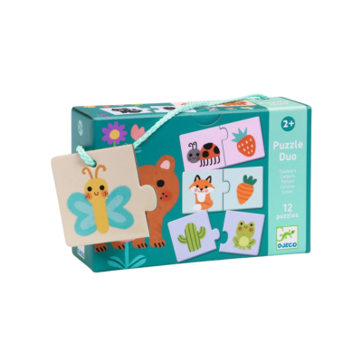 Caixa Azul de Puzzle Duo para Crianças com 12 Puzzles Coloridos de Animais e Objetos