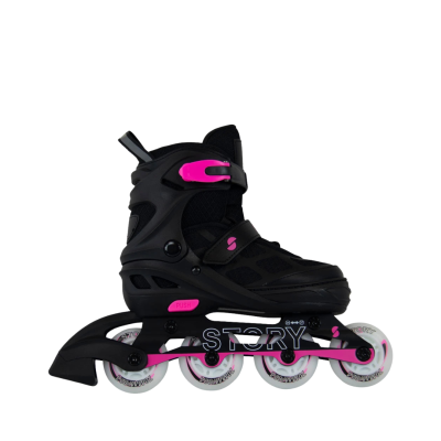 Patins em linha preto com detalhes rosa e rodas brancas