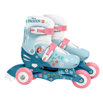 Patins em linha infantis Disney Frozen azul com detalhes florais e rodas cor-de-rosa