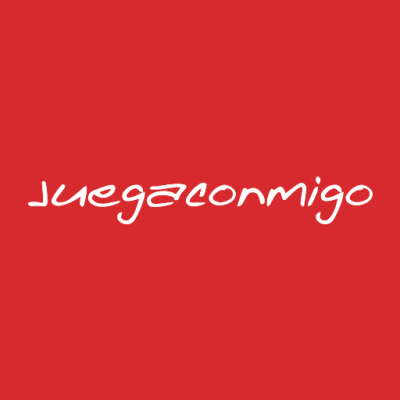 Texto branco 'juegaconmigo' sobre fundo vermelho