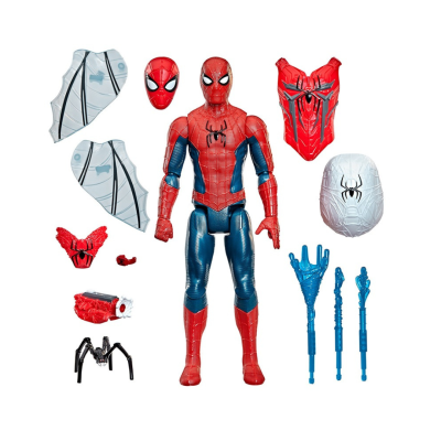 Figura de ação Spider-Man com vários acessórios e partes intercambiáveis sobre fundo branco