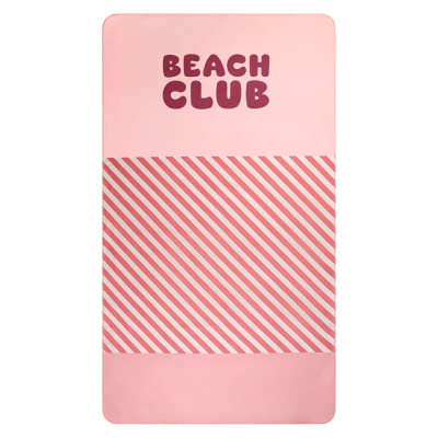 Toalha de praia rosa com listras diagonais e texto BEAC CLUB