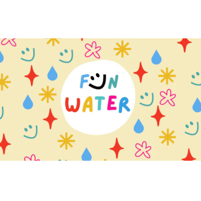 Fundo decorativo bege com gotas azuis, flores, estrelas e texto FUN WATER colorido