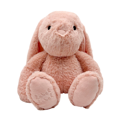 Ursinho de peluche rosa claro com olhos pretos e texto bordado nos pés