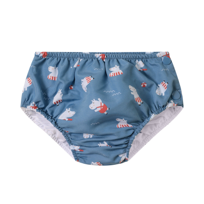 Cueca de banho infantil azul com padrão de hipopótamos brancos em fatos de banho vermelhos