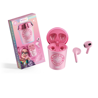 Auriculares wireless rosa com estojo e embalagem colorida com personagem feminina