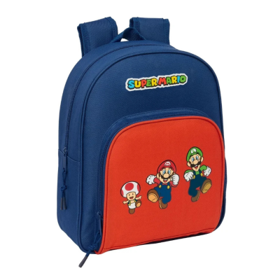 mochila infantil azul e vermelha com personagens SUPER MARIO