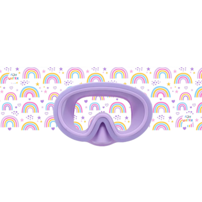 Máscara de mergulho lilás com fundo de arco-íris coloridos
