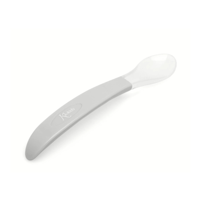 Colher de bebé cinzenta e transparente com texto Kidkids