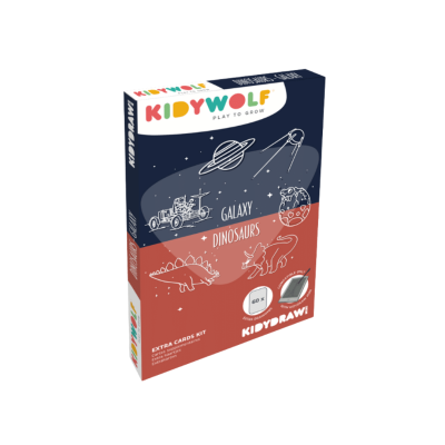 Caixa de kit de cartões KIDYDRAW tema galáxia e dinossauros