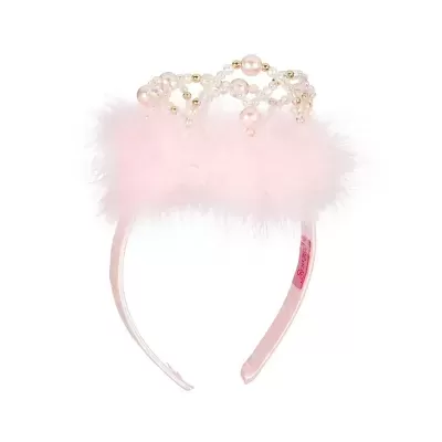 Tiara rosa com coroa decorativa de pérolas e penas