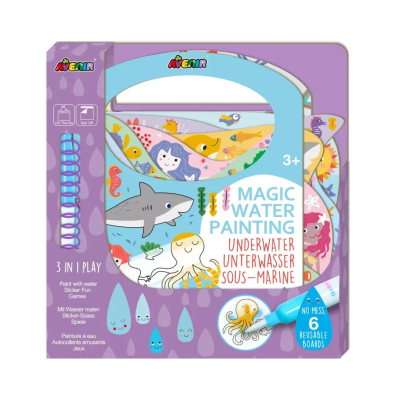Brinquedo Magic Water Painting Underwater em embalagem roxa com caneta azul e ilustrações marinhas