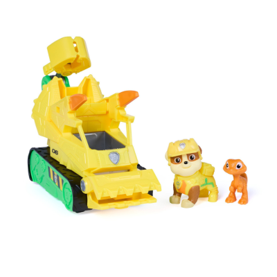 Escavadora amarela com figura de cão e dinossauro em fundo branco