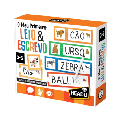 Jogo educativo infantil O Meu Primeiro Leio & Escrevo da Headu com cores branco, laranja, verde, azul e preto