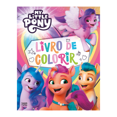 Capa de livro de colorir My Little Pony com personagens e fundo colorido